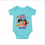 Brother-Sister Rakhi Bond Print Romper  – kids celebrating together with rakhi illustration. - ARCTIC BLUE - New Born (Chest 14")