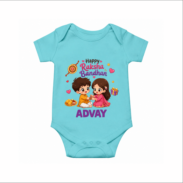 Brother-Sister Rakhi Bond Print Romper  – kids celebrating together with rakhi illustration. - ARCTIC BLUE - New Born (Chest 14")