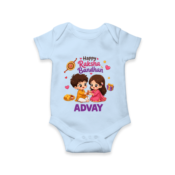 Brother-Sister Rakhi Bond Print Romper  – kids celebrating together with rakhi illustration. - BABY BLUE - New Born (Chest 14")