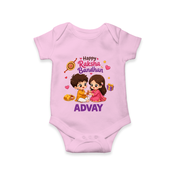 Brother-Sister Rakhi Bond Print Romper  – kids celebrating together with rakhi illustration. - BABY PINK - New Born (Chest 14")