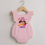 Brother-Sister Rakhi Bond Print Romper Frock – kids celebrating together with rakhi illustration. - BABY PINK - 0 - 3 Months Old (Chest 19")