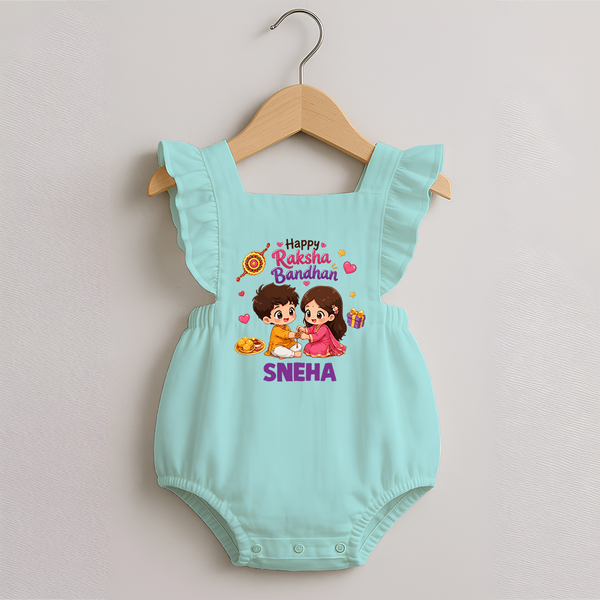 Brother-Sister Rakhi Bond Print Romper Frock – kids celebrating together with rakhi illustration. - MINT GREEN - 0 - 3 Months Old (Chest 19")