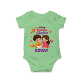 Brother-Sister Rakhi Bond Print Romper  – kids celebrating together with rakhi illustration. - GREEN - New Born (Chest 14")
