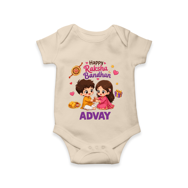 Brother-Sister Rakhi Bond Print Romper  – kids celebrating together with rakhi illustration. - IVORY - New Born (Chest 14")