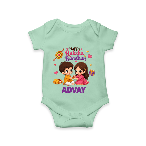 Brother-Sister Rakhi Bond Print Romper  – kids celebrating together with rakhi illustration. - MINT GREEN - New Born (Chest 14")