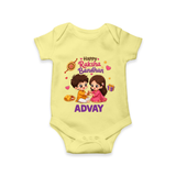Brother-Sister Rakhi Bond Print Romper  – kids celebrating together with rakhi illustration. - PASTEL YELLOW - New Born (Chest 14")
