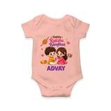 Brother-Sister Rakhi Bond Print Romper  – kids celebrating together with rakhi illustration. - PEACH - New Born (Chest 14")