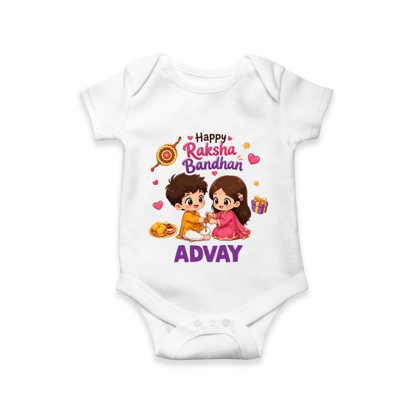 Brother-Sister Rakhi Bond Print Romper  – kids celebrating together with rakhi illustration. - WHITE - New Born (Chest 14")