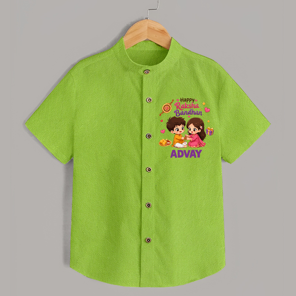 Brother-Sister Rakhi Bond Print Shirt – kids celebrating together with rakhi illustration. - LIME GREEN - 0 - 6 Months Old (Chest 23")