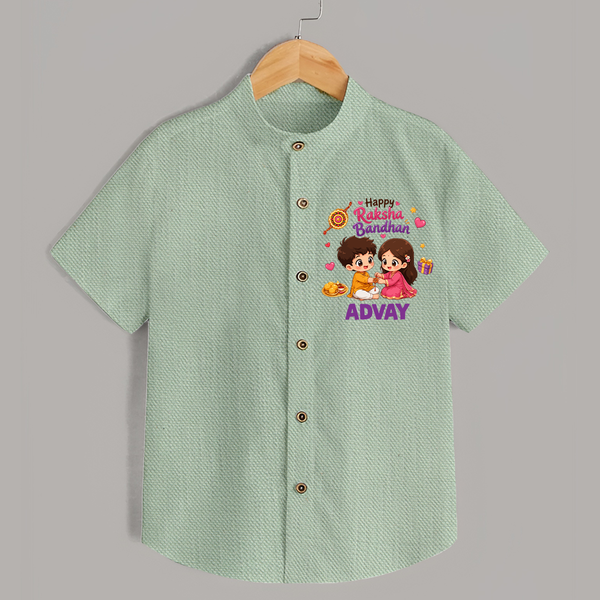 Brother-Sister Rakhi Bond Print Shirt – kids celebrating together with rakhi illustration. - MINT GREEN - 0 - 6 Months Old (Chest 23")