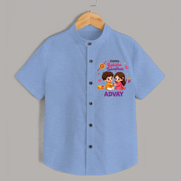 Brother-Sister Rakhi Bond Print Shirt – kids celebrating together with rakhi illustration. - SKY BLUE - 0 - 6 Months Old (Chest 23")