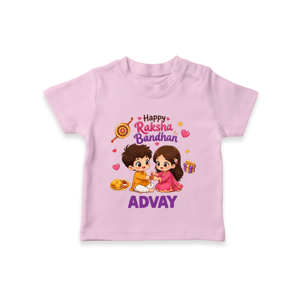 Brother-Sister Rakhi Bond Print TShirt – kids celebrating together with rakhi illustration. - BABY PINK - 0-5 Months Old (Chest 17")