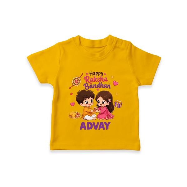 Brother-Sister Rakhi Bond Print TShirt – kids celebrating together with rakhi illustration. - CHROME YELLOW - 0-5 Months Old (Chest 17")