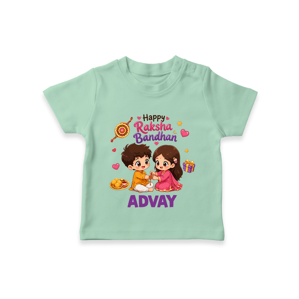 Brother-Sister Rakhi Bond Print TShirt – kids celebrating together with rakhi illustration. - MINT GREEN - 0-5 Months Old (Chest 17")