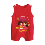 Brother-Sister Rakhi Bond Print Button Romper – kids celebrating together with rakhi illustration. - RED - New Born (Chest 18")