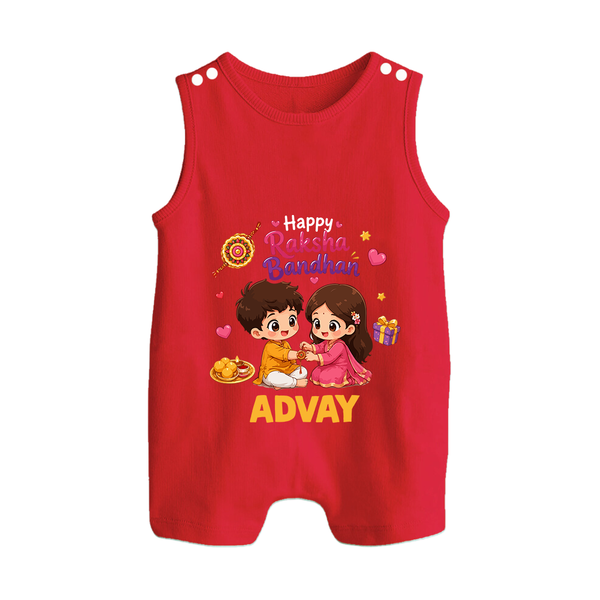 Brother-Sister Rakhi Bond Print Button Romper – kids celebrating together with rakhi illustration. - RED - New Born (Chest 18")