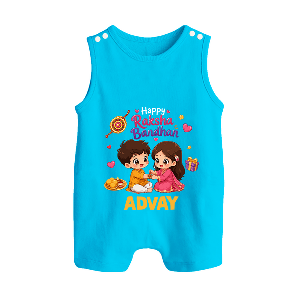 Brother-Sister Rakhi Bond Print Button Romper – kids celebrating together with rakhi illustration. - SKY BLUE - New Born (Chest 18")