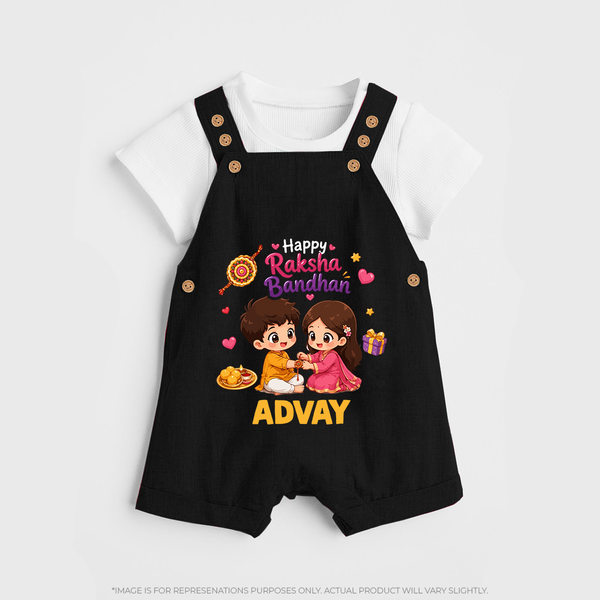 Brother-Sister Rakhi Bond Print Dungaree – kids celebrating together with rakhi illustration. - BLACK - 0 - 5 Months Old (Chest 18")