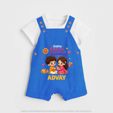 Brother-Sister Rakhi Bond Print Dungaree – kids celebrating together with rakhi illustration. - COBALT BLUE - 0 - 5 Months Old (Chest 18")
