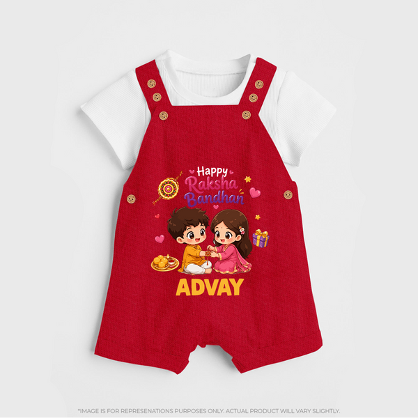 Brother-Sister Rakhi Bond Print Dungaree – kids celebrating together with rakhi illustration. - RED - 0 - 5 Months Old (Chest 18")