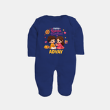 Brother-Sister Rakhi Bond Print Fullbody Suit – kids celebrating together with rakhi illustration. - NAVY BLUE - New Born (Chest 7.5")