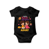 Brother-Sister Rakhi Bond Print Romper  – kids celebrating together with rakhi illustration. - BLACK - New Born (Chest 14")