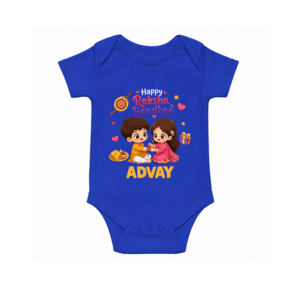 Brother-Sister Rakhi Bond Print Romper  – kids celebrating together with rakhi illustration. - COBALT BLUE - New Born (Chest 14")
