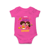 Brother-Sister Rakhi Bond Print Romper  – kids celebrating together with rakhi illustration. - HOT PINK - New Born (Chest 14")
