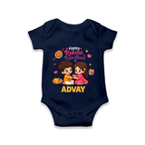 Brother-Sister Rakhi Bond Print Romper  – kids celebrating together with rakhi illustration. - NAVY BLUE - New Born (Chest 14")