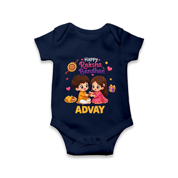 Brother-Sister Rakhi Bond Print Romper  – kids celebrating together with rakhi illustration. - NAVY BLUE - New Born (Chest 14")