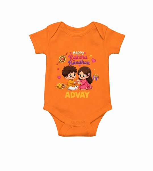 Brother-Sister Rakhi Bond Print Romper  – kids celebrating together with rakhi illustration.