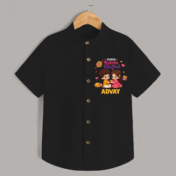 Brother-Sister Rakhi Bond Print Shirt – kids celebrating together with rakhi illustration. - BLACK - 0 - 6 Months Old (Chest 23")