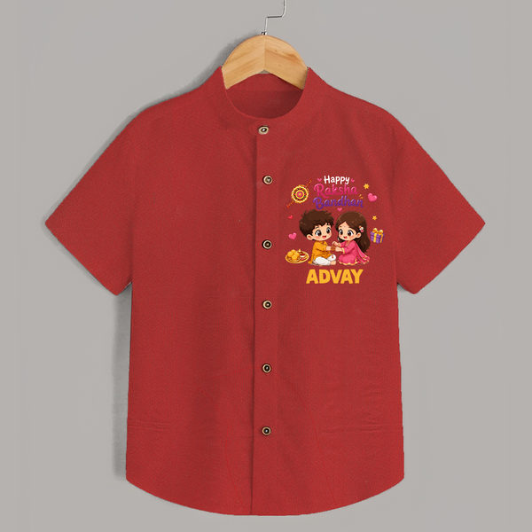 Brother-Sister Rakhi Bond Print Shirt – kids celebrating together with rakhi illustration. - RED - 0 - 6 Months Old (Chest 23")