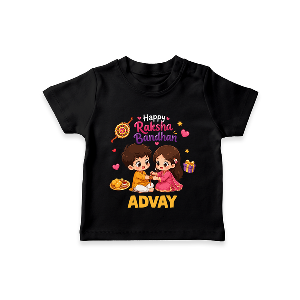 Brother-Sister Rakhi Bond Print TShirt – kids celebrating together with rakhi illustration. - BLACK - 0-5 Months Old (Chest 17")