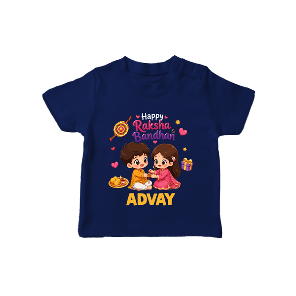 Brother-Sister Rakhi Bond Print TShirt – kids celebrating together with rakhi illustration. - NAVY BLUE - 0-5 Months Old (Chest 17")