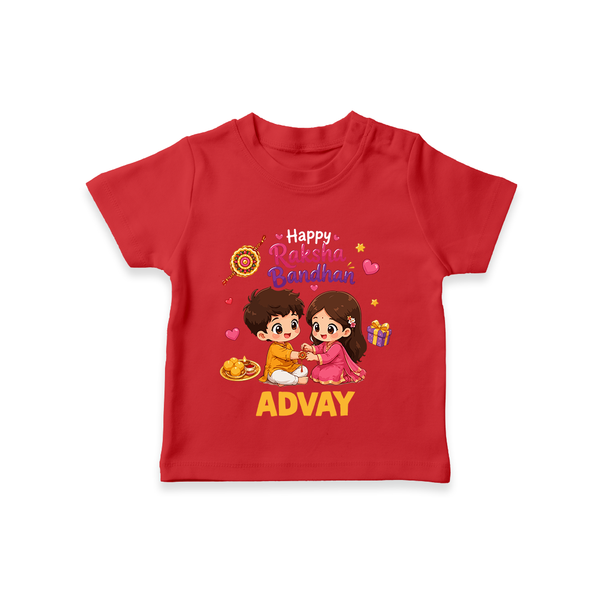 Brother-Sister Rakhi Bond Print TShirt – kids celebrating together with rakhi illustration. - RED - 0-5 Months Old (Chest 17")
