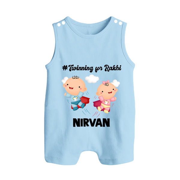 Twinning for Rakhi Print Button Romper – two baby superheroes flying together. - BABY BLUE - New Born (Chest 18")