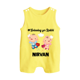 Twinning for Rakhi Print Button Romper – two baby superheroes flying together. - PASTEL YELLOW - New Born (Chest 18")