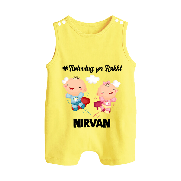 Twinning for Rakhi Print Button Romper – two baby superheroes flying together. - PASTEL YELLOW - New Born (Chest 18")