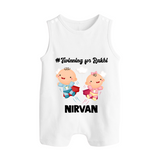 Twinning for Rakhi Print Button Romper – two baby superheroes flying together. - WHITE - New Born (Chest 18")
