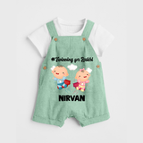 Twinning for Rakhi Print Dungaree – two baby superheroes flying together. - MINT GREEN - 0 - 5 Months Old (Chest 18")