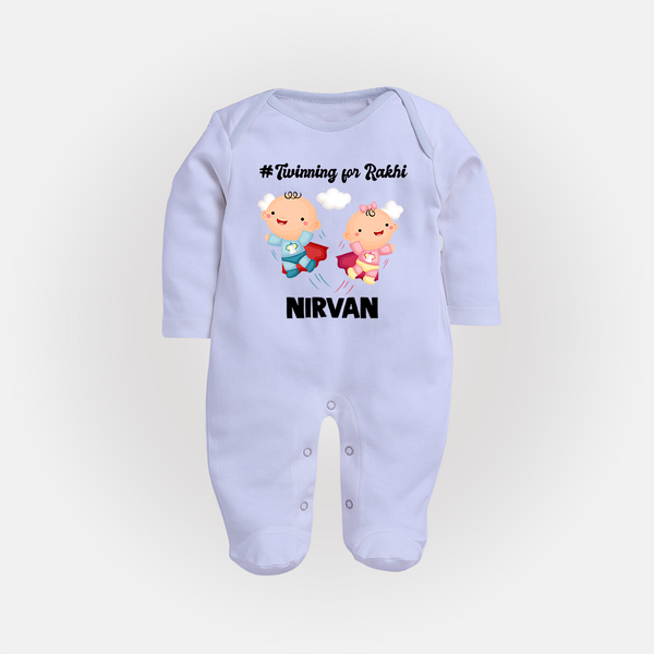 Twinning for Rakhi Print Fullbody Suit – two baby superheroes flying together. - BABY BLUE - New Born (Chest 7.5")