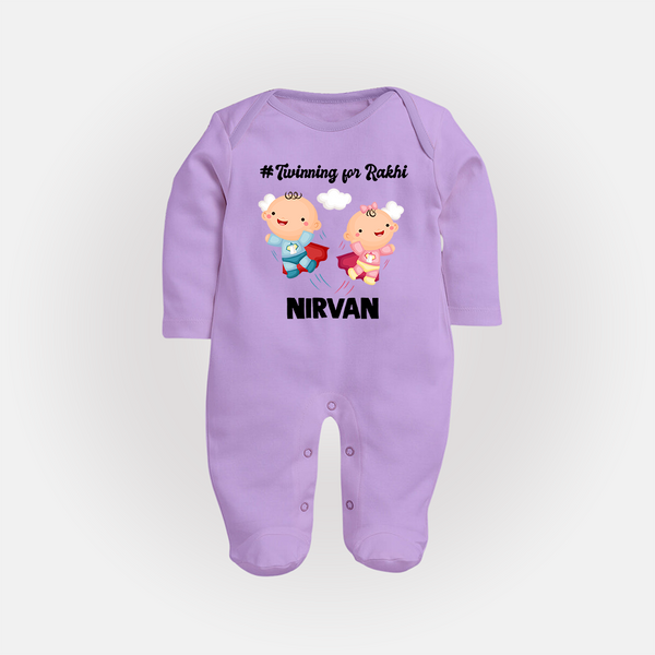 Twinning for Rakhi Print Fullbody Suit – two baby superheroes flying together. - LILAC - New Born (Chest 7.5")