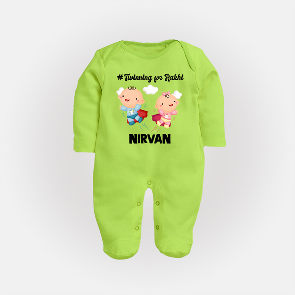 Twinning for Rakhi Print Fullbody Suit – two baby superheroes flying together. - LIME GREEN - New Born (Chest 7.5")