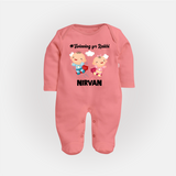 Twinning for Rakhi Print Fullbody Suit – two baby superheroes flying together. - PEACH - New Born (Chest 7.5")