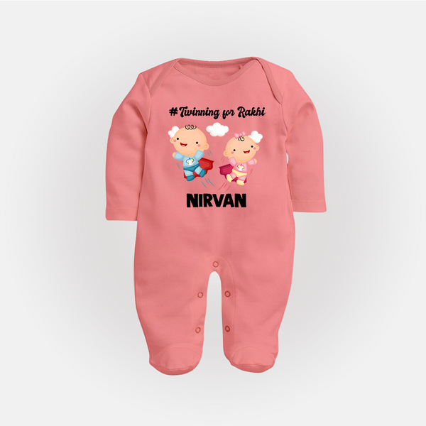 Twinning for Rakhi Print Fullbody Suit – two baby superheroes flying together. - PEACH - New Born (Chest 7.5")