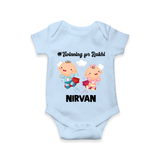Twinning for Rakhi Print Romper  – two baby superheroes flying together. - BABY BLUE - New Born (Chest 14")