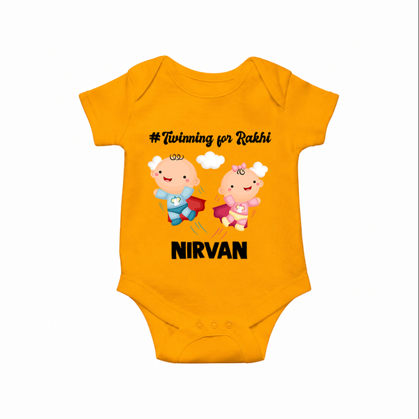 Twinning for Rakhi Print Romper  – two baby superheroes flying together. - CHROME YELLOW - New Born (Chest 14")