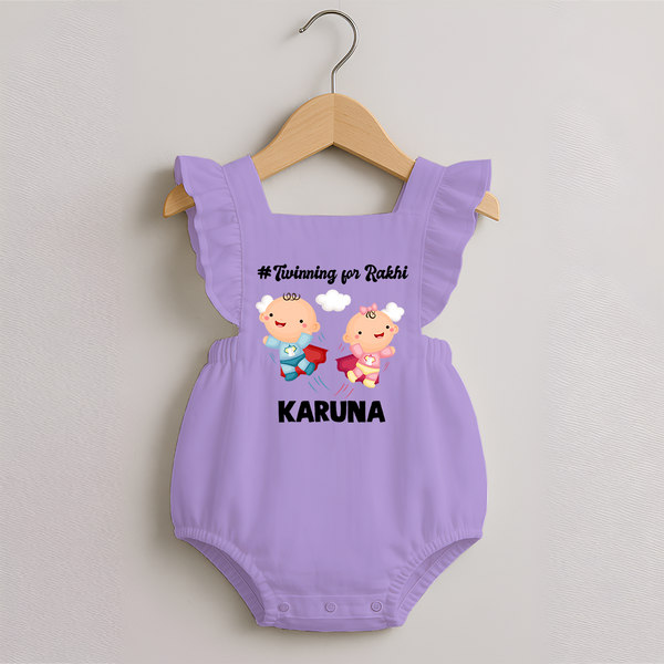 Twinning for Rakhi Print Romper Frock – two baby superheroes flying together. - LILAC - 0 - 3 Months Old (Chest 19")