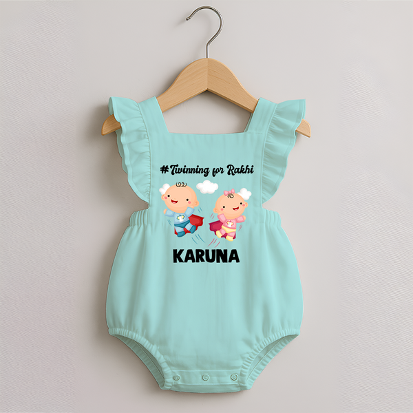 Twinning for Rakhi Print Romper Frock – two baby superheroes flying together. - MINT GREEN - 0 - 3 Months Old (Chest 19")